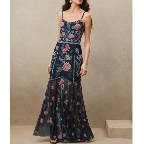 Boho Floral Print High Waisted Semi Sheer Flared Cami Maxi Dress